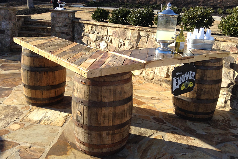 L Shaped Whiskey Barrel Table 4 Barrels W Top Party Time S - How To Attach A Table Top Whiskey Barrel